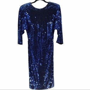 Womens Sapphire Blue Bodycon 3/4 sleeve shimmering sequins cocktail dress.